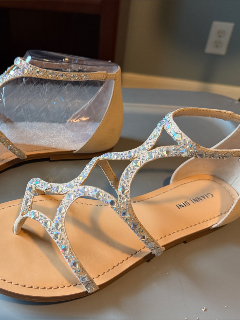 Gianni Bini Nude/Tan Crystal Embellished Strappy Sandals